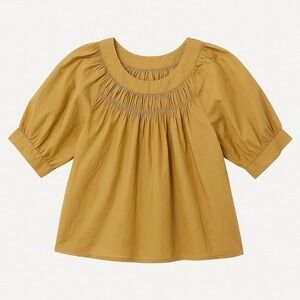 J. Crew Smocked Poplin Puff Sleeve Top SZ S Honey‎ Brown Regenerative Cotton